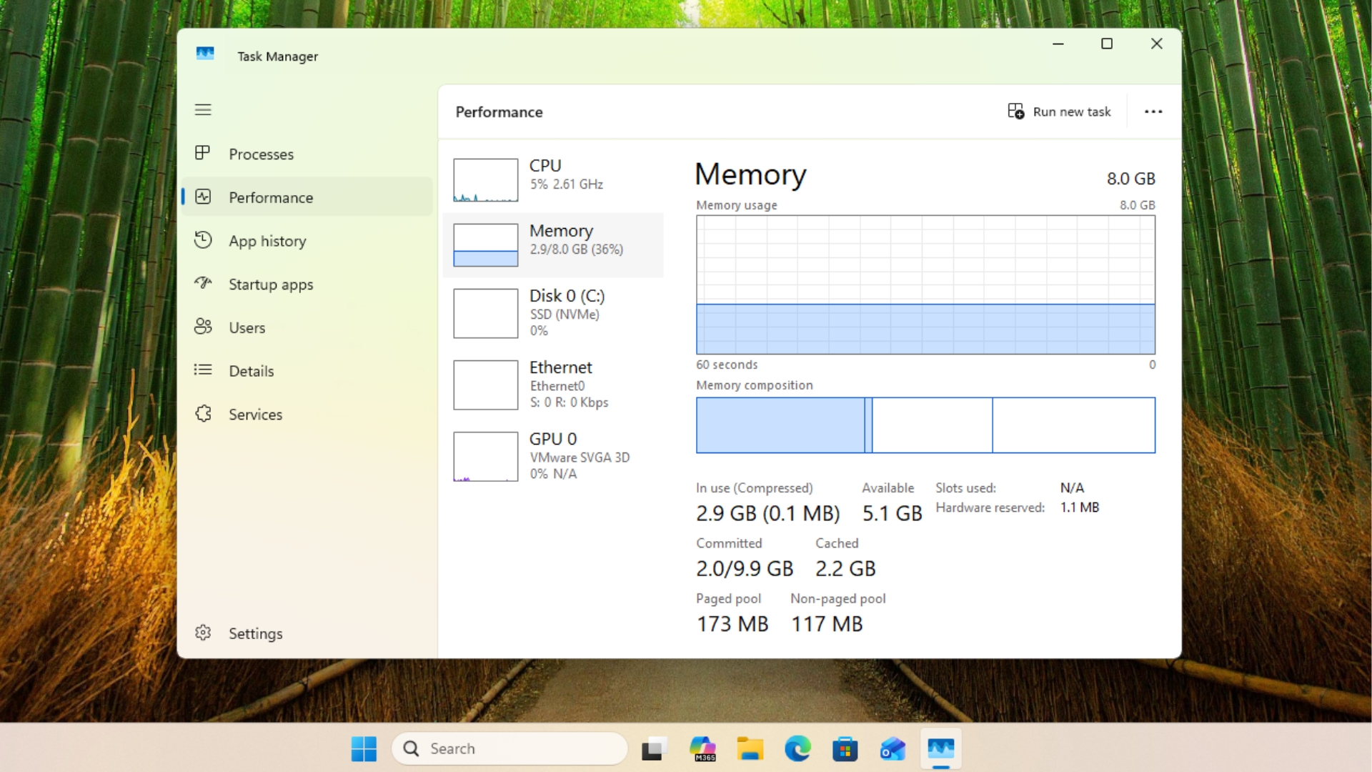 Windows 11 26H2 memory usage on a clean PC with 8GB of RAM