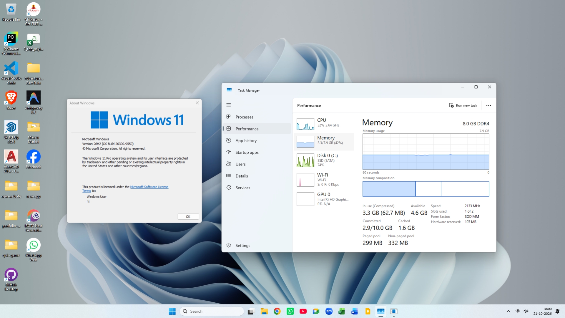 Windows 11 26H2 using approximately 3.3GB of RAM after a restart on an 8GB PC