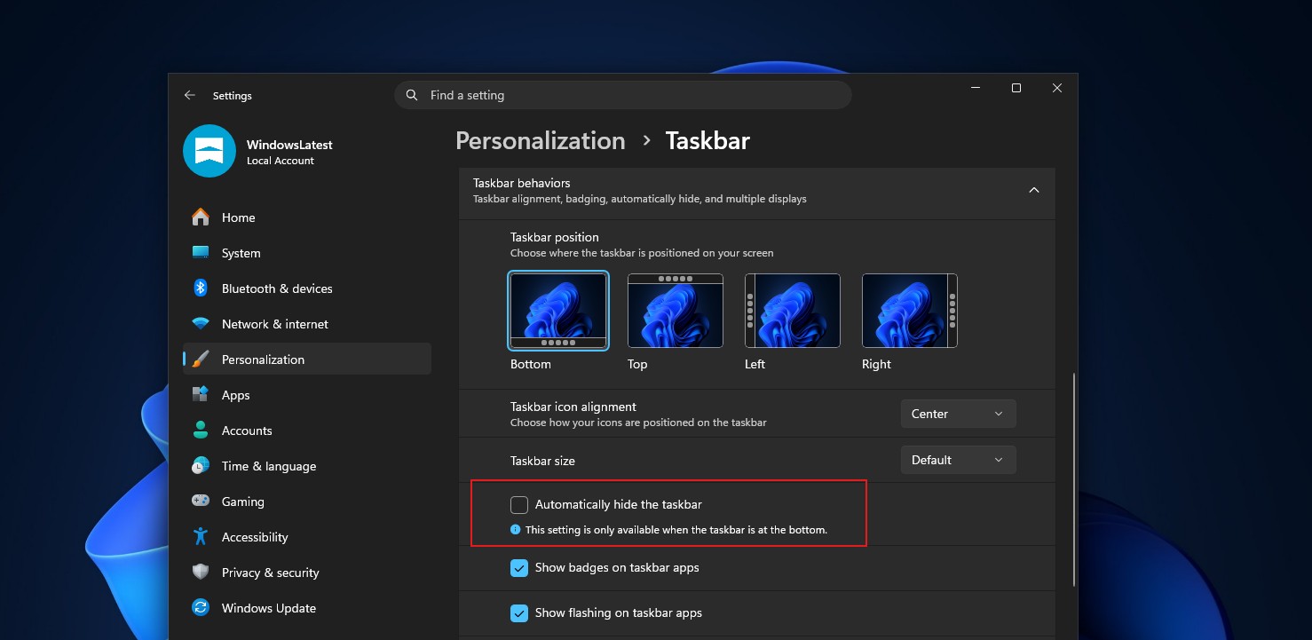 Windows 11 cannot automatically hide the taskbar unless it's in the bottom position