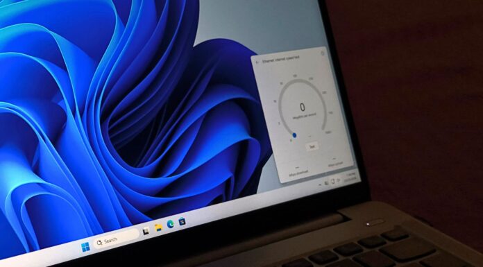 Windows 11's new internet speed test showing download, upload and ping results in Quick Settings