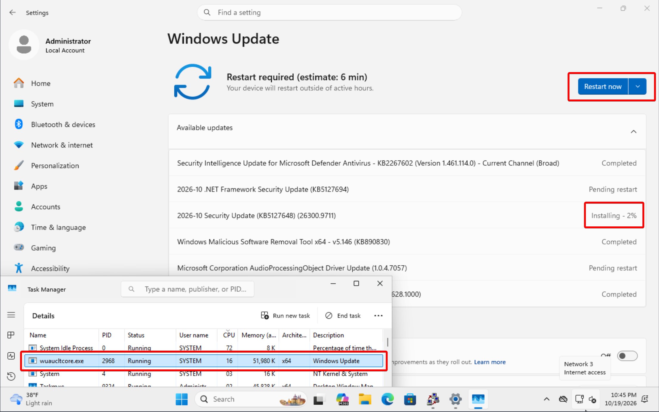 Windows Update giving option to Restart now, even when a Security Update is Installing