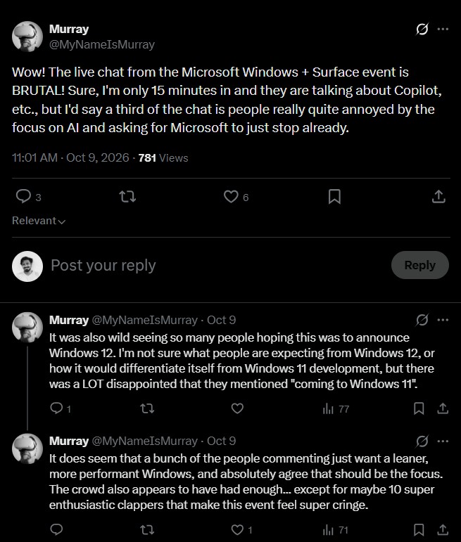 Windows event YouTube Live comments were filled with people complaining over AI being the main focus of the event
