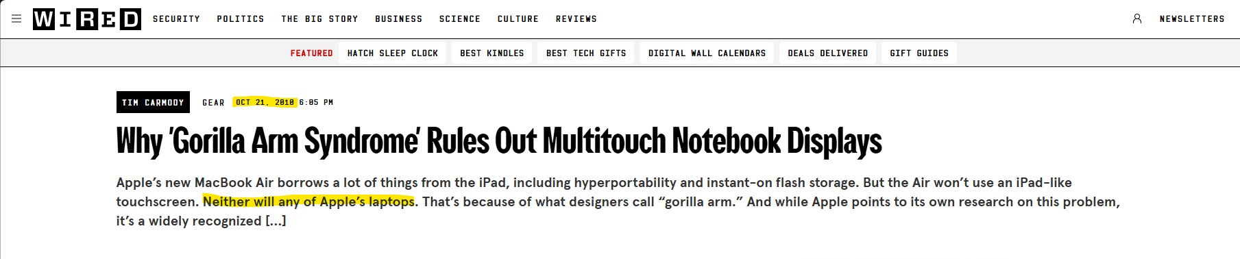 Wired article from October 21, 2010 featuring Steve Job's quote about why Apple laptops won't have touch screens