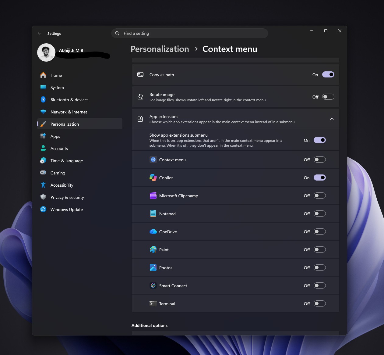 You can choose which App extensions to show up in the Context menu