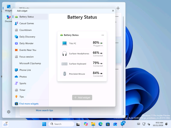 Adding the Battery Status widget from the widget picker.