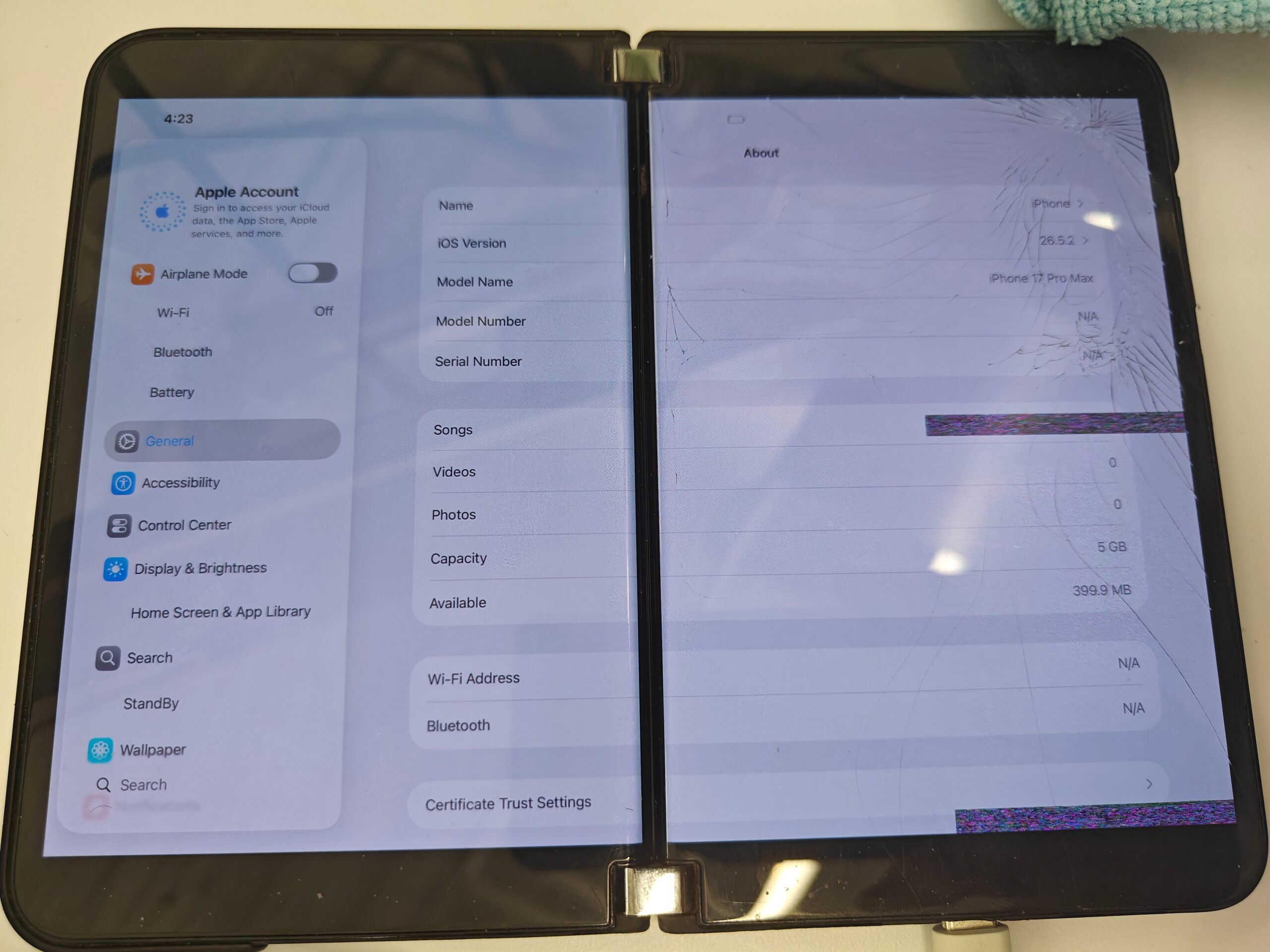 iOS 26.5.2 on the Surface Duo 2 reports itself as an iPhone 17 Pro Max in Settings