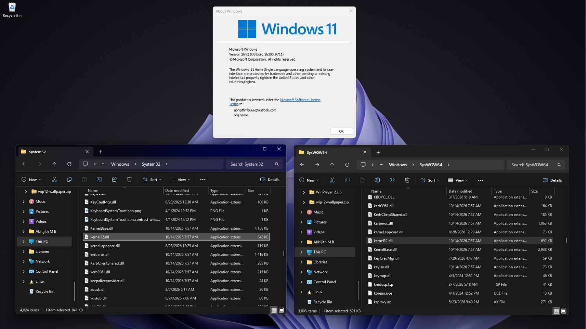 kernel32.dll exists in both System32 and SysWOW64 on Windows 11 26H2, but the 64-bit and 32-bit copies have different sizes.