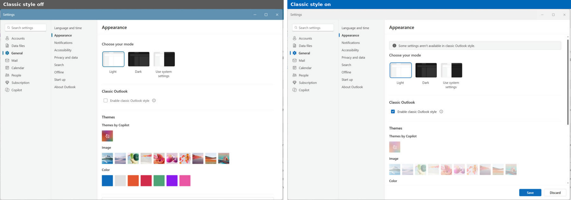 New Outlook classic Outlook style setting comparison