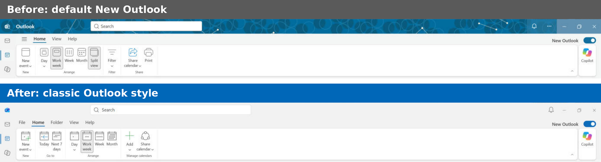 New Outlook classic style calendar ribbon comparison