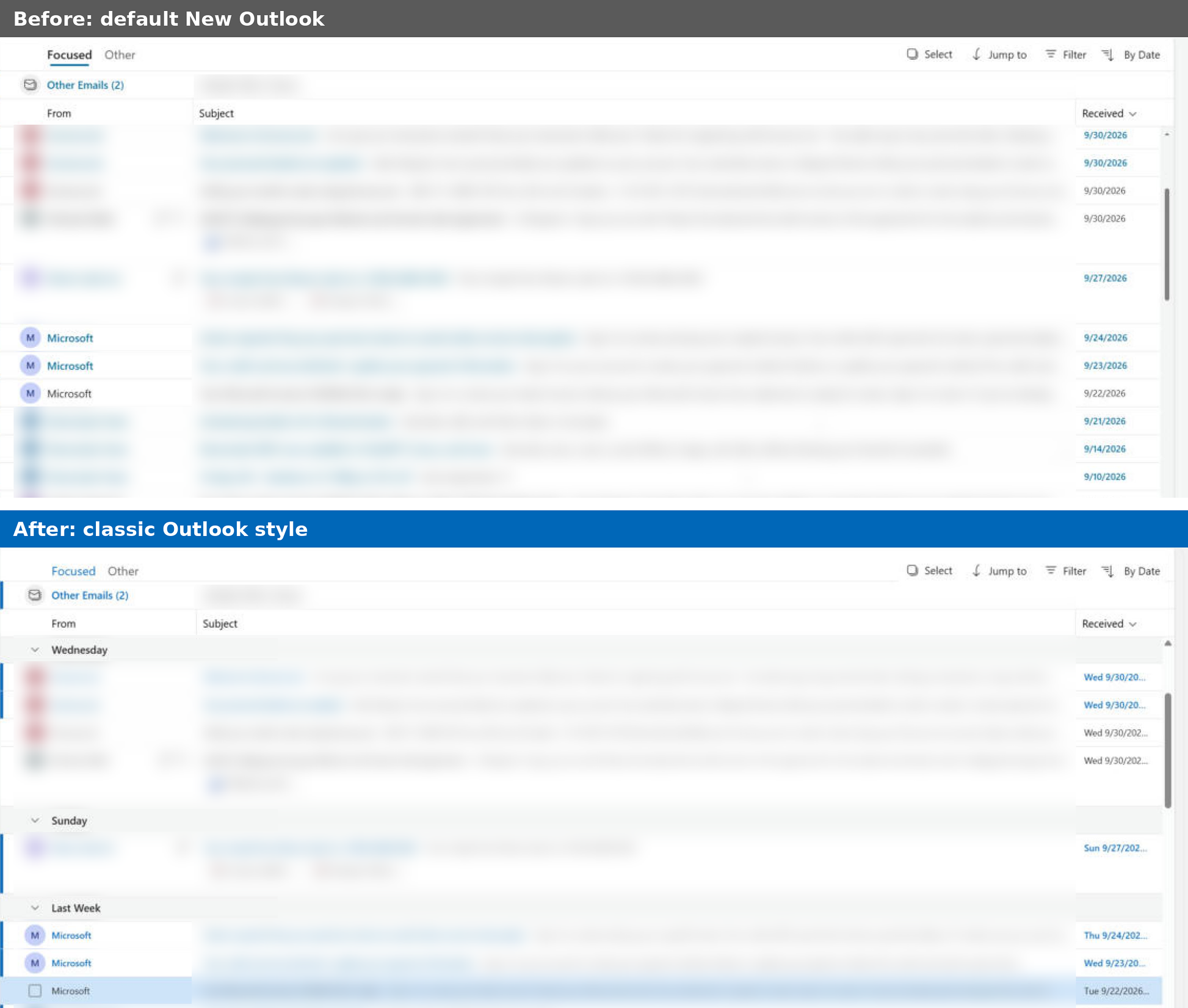 New Outlook classic style message list date groups comparison