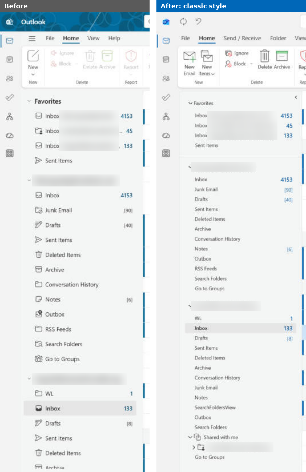 New Outlook classic style navigation bar and folder list comparison