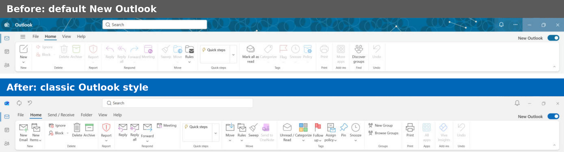 New Outlook classic style title bar and ribbon comparison