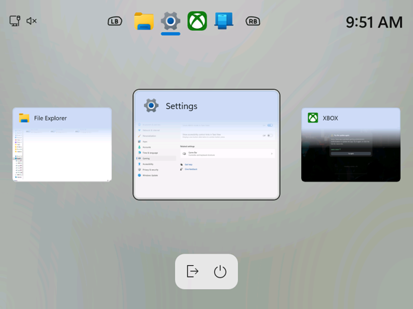 The New XBOX Mode task view experience with power options button.