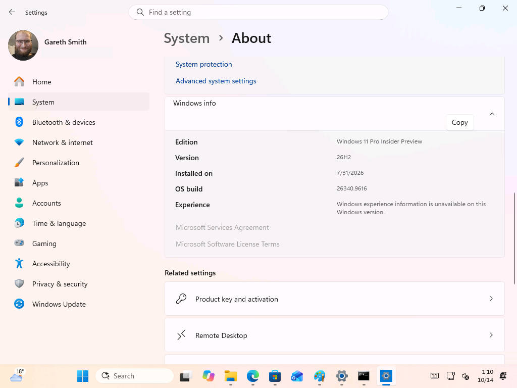 Odeon reads the real Windows version, 26H2 build 26340.9616. 