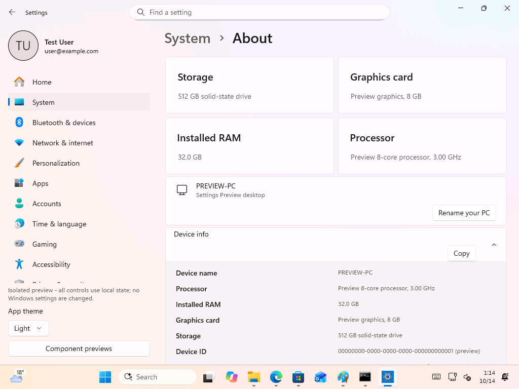 The About page in preview mode shows a "Preview 8-core processor" and other placeholder hardware. 