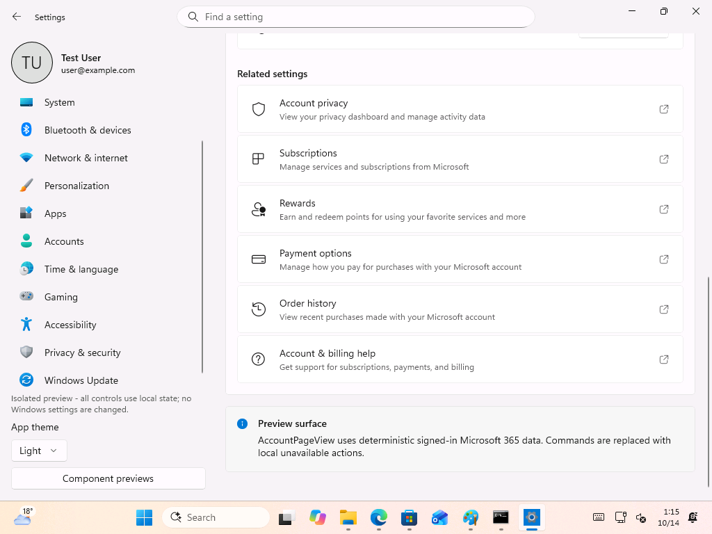 Related settings on the Account page preview, with a note that commands are replaced with local actions. 