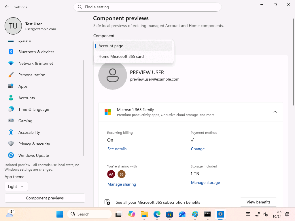 Component previews lets you switch between the Account page and the Home Microsoft 365 card.