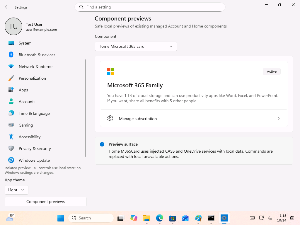 The Home Microsoft 365 card preview, running on injected local data. 