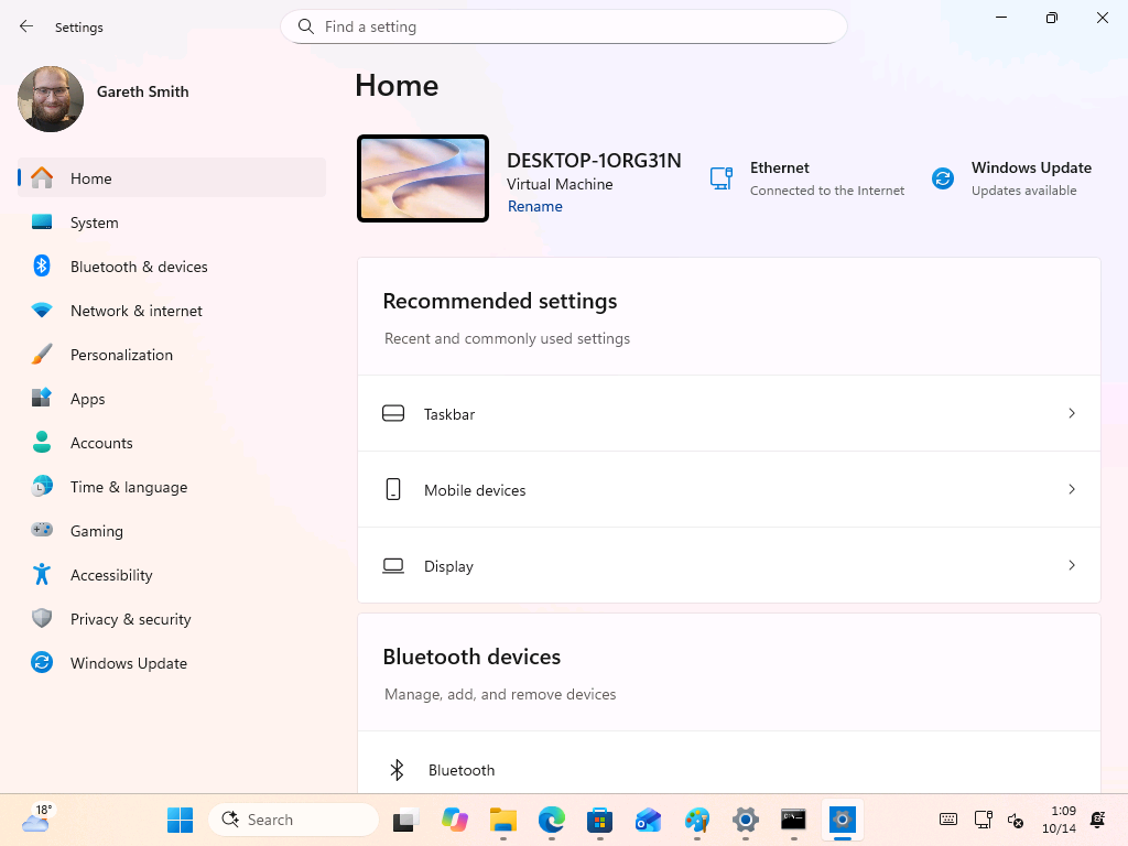 Project Odeon's Home page on my Windows 11 Insider virtual machine. 