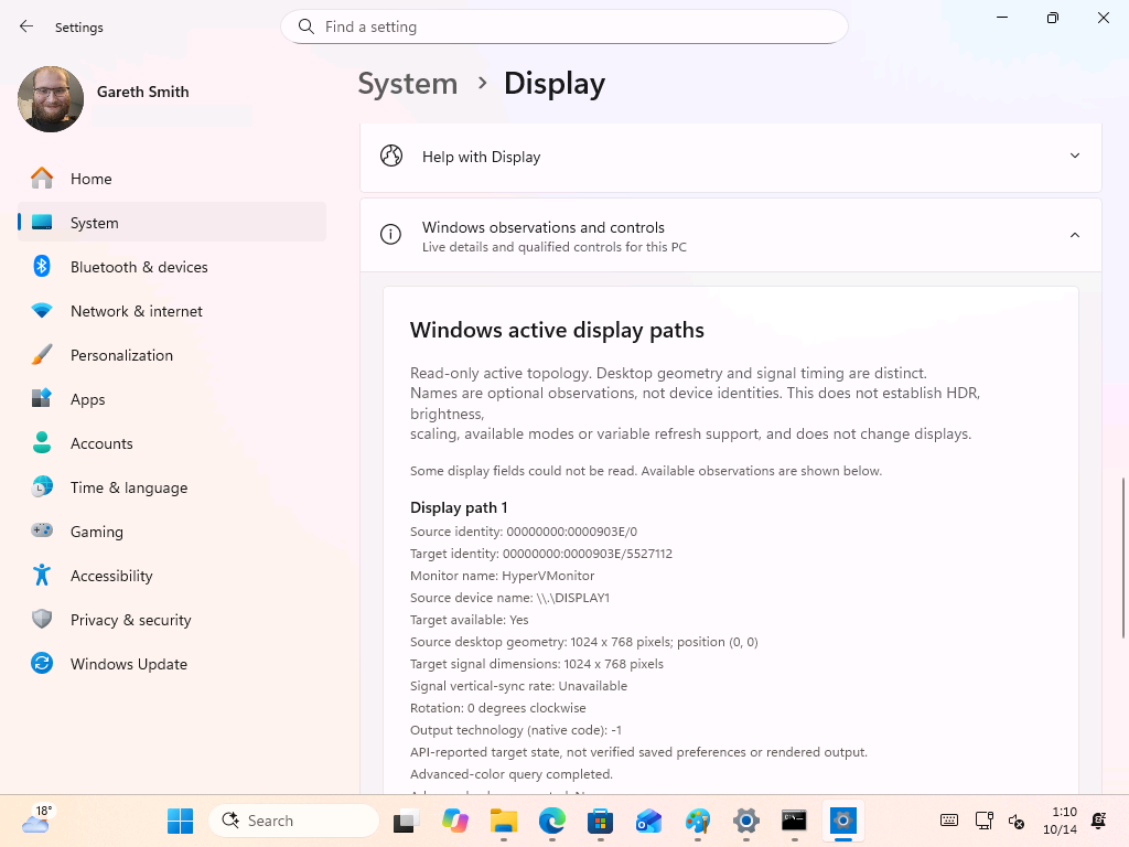 Further down, Odeon adds a "Windows observations and controls" section with raw display data.