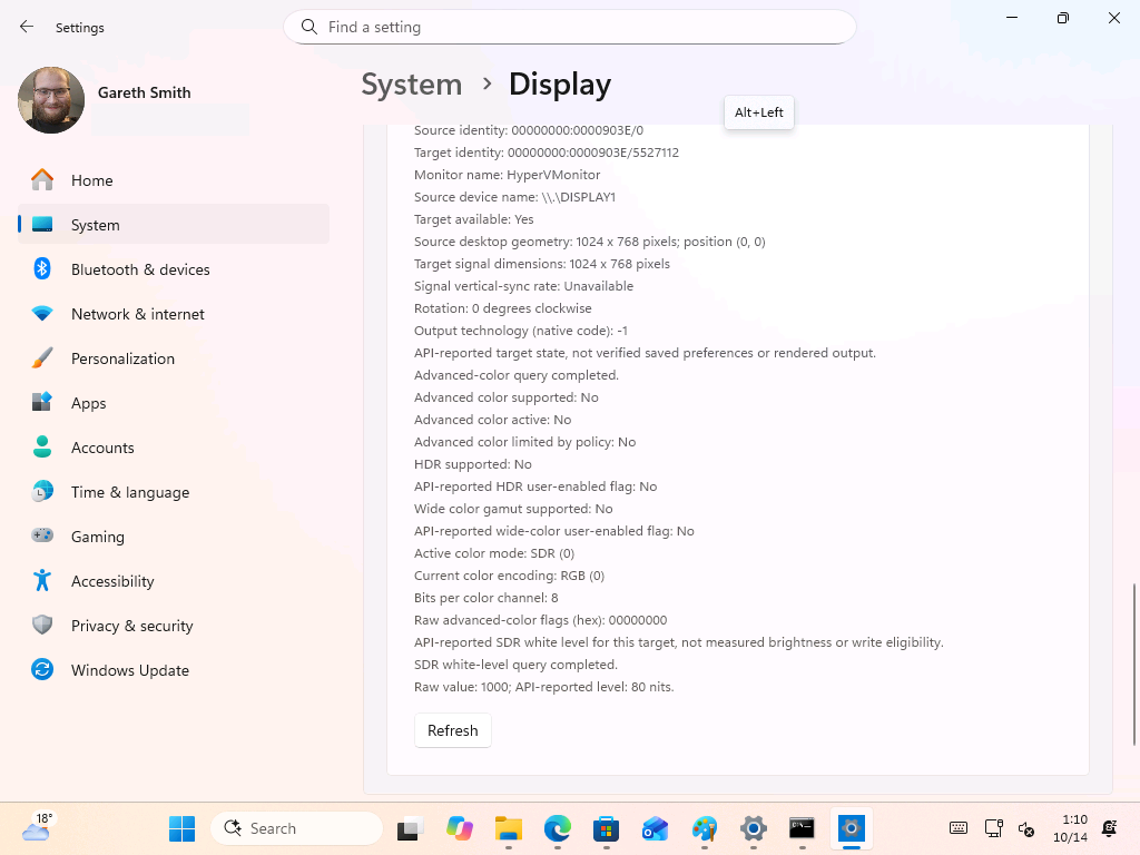 More raw display readings, with the Alt+Left keyboard shortcut tooltip for the Back button.