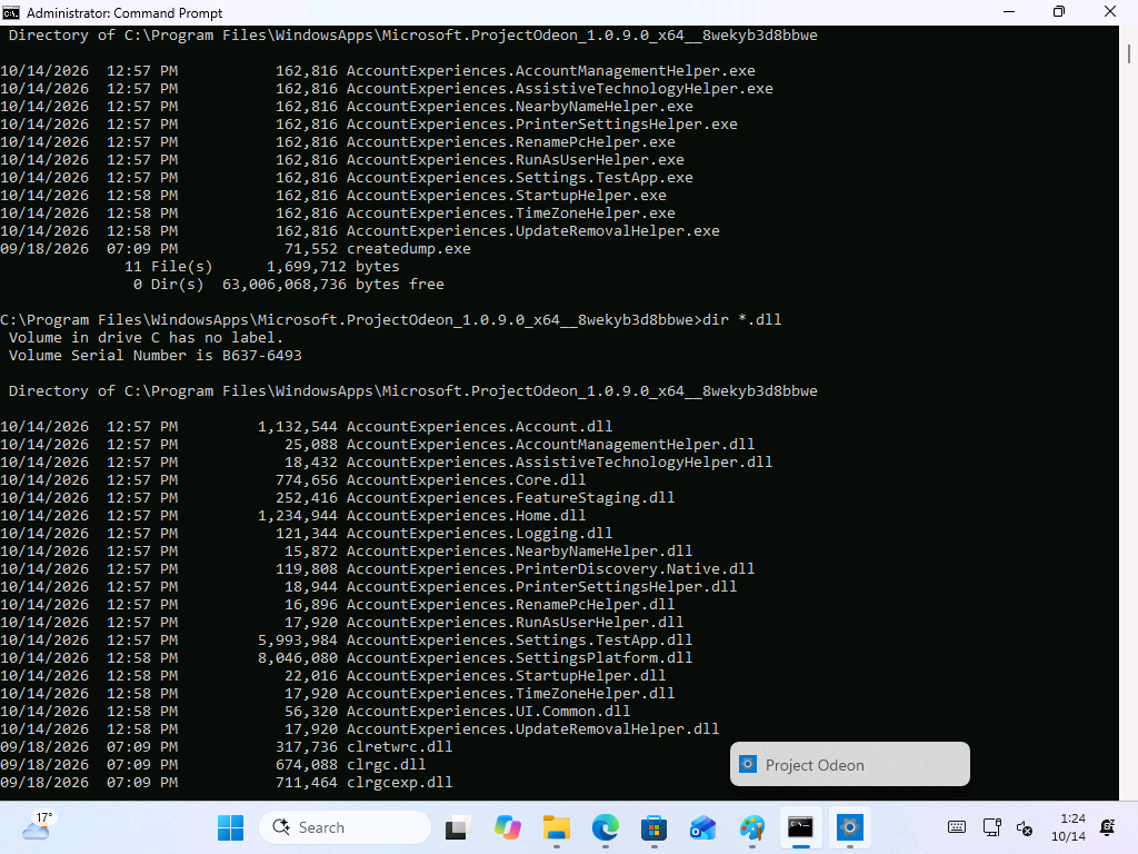 The DLLs inside Project Odeon, all sharing the AccountExperiences prefix. 